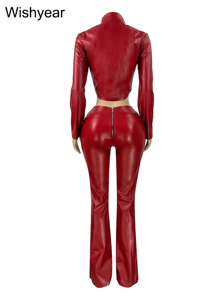 FZ Women's Streetwear Long Sleeve Stretch Slim and Flared PU Leather Pants Suit