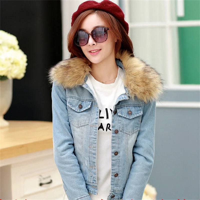 FZ Women's Big Fur Collar Short Coat Thicken Velvet Liner Fleece Denim Jacket