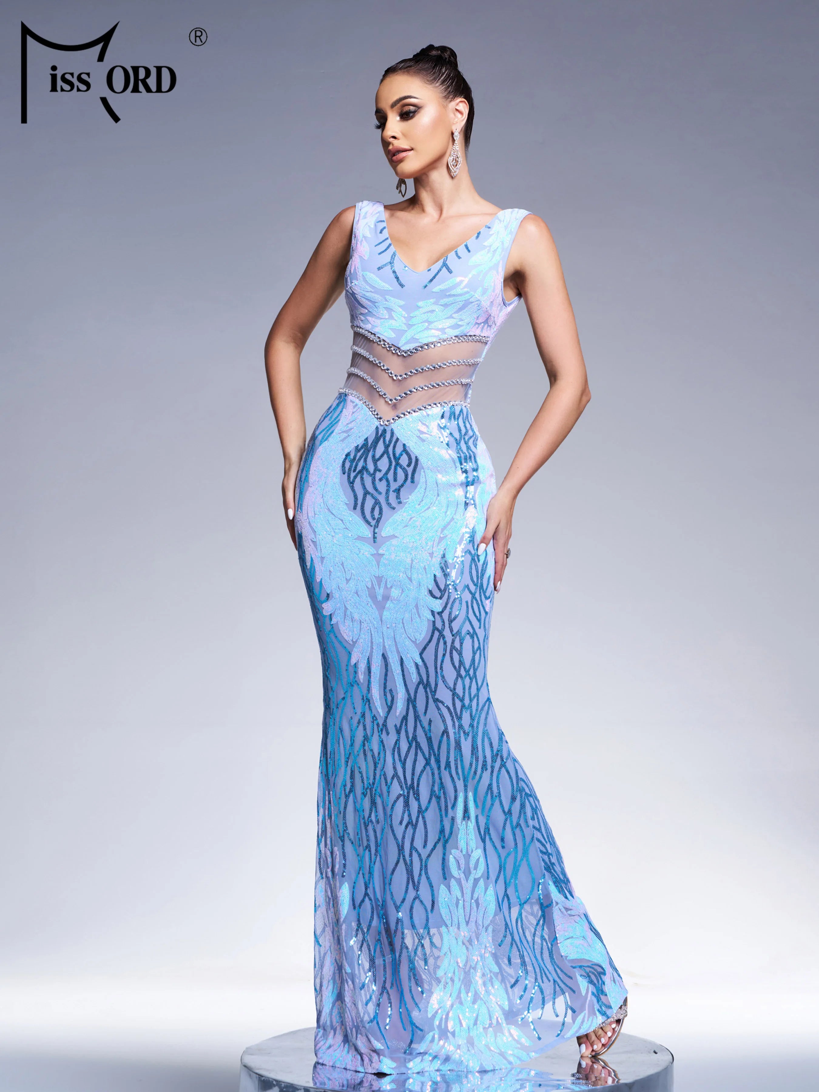 FZ Women's V Neck Cutout Sequin Mermaid Cocktail Maxi Evening Dress