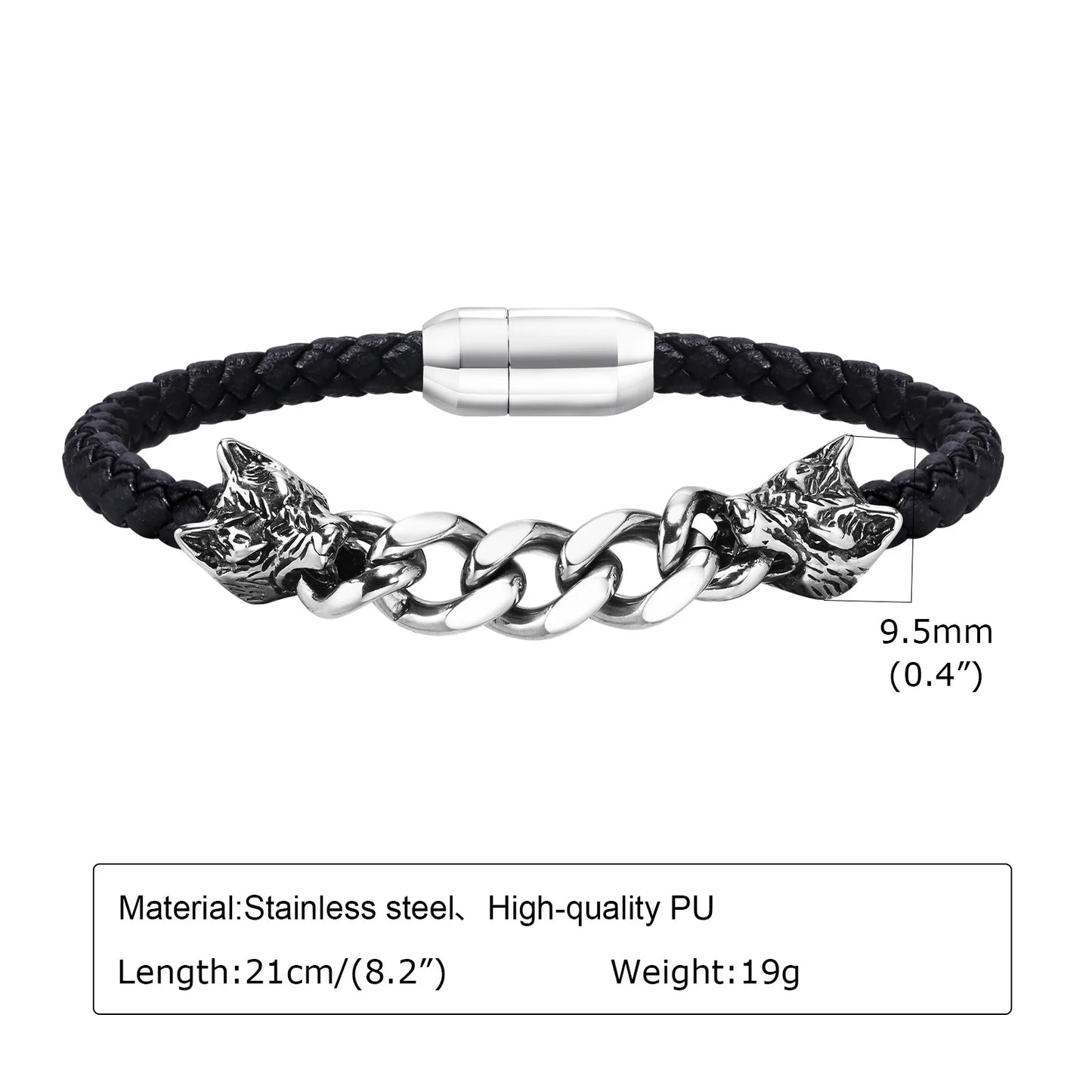 FZ Gothic Double Wolf Heads Braided Rope Chain Stainless Steel Bracelet - FZwear