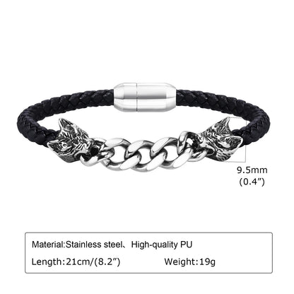 FZ Gothic Double Wolf Heads Braided Rope Chain Stainless Steel Bracelet - FZwear