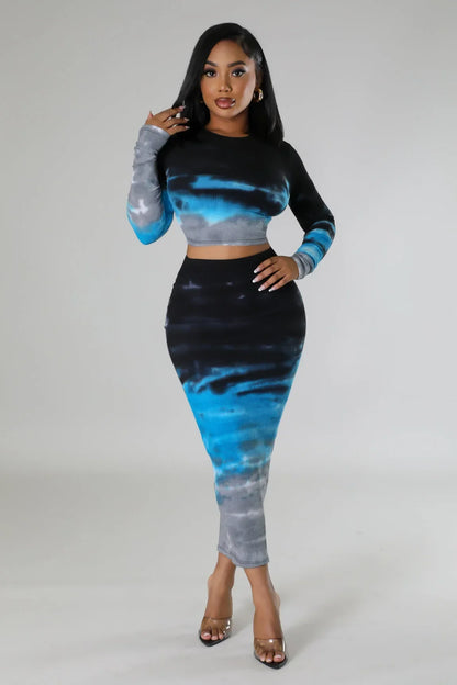 FZ Women's Sexy Long Skinny Tie Dye Print Two Piece Skirt Suit - FZwear