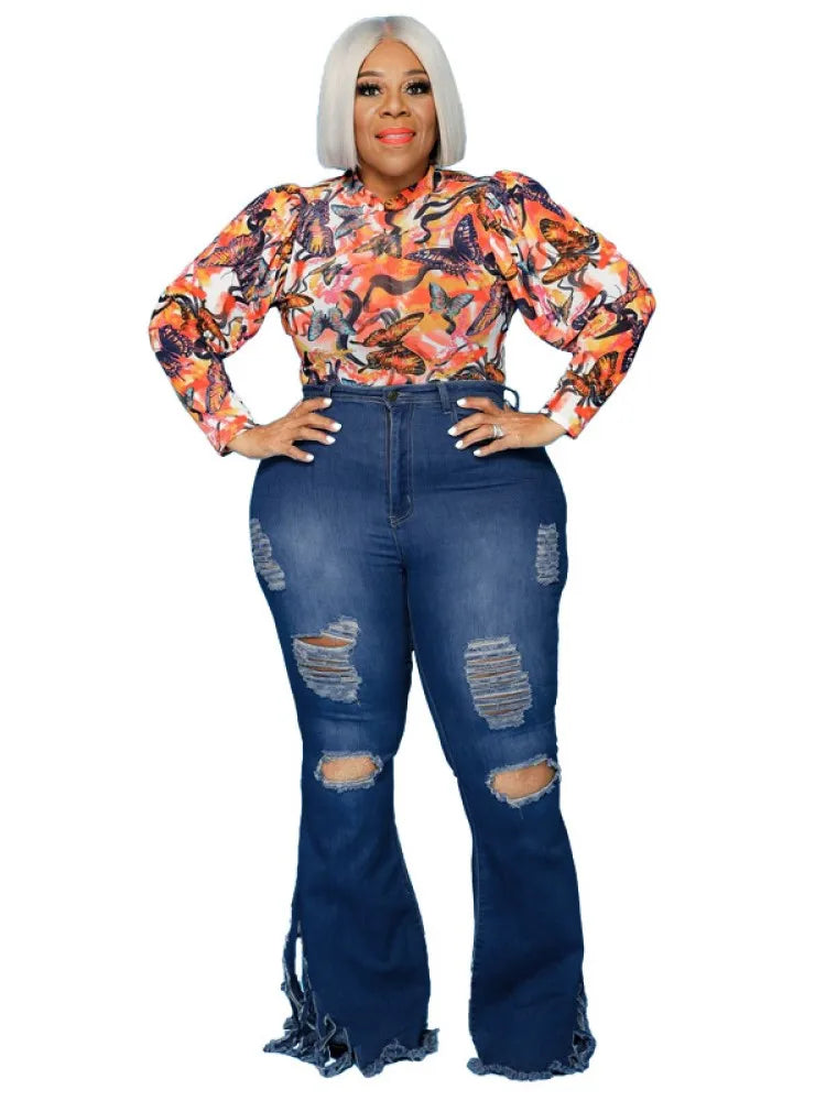FZ Women's Plus Size Slim Fit Ripped Fringed Flared Denim Pants DSers
