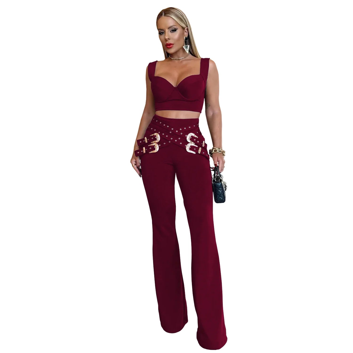 FZ Women's strapless Belt long Two Piece Pants Suit