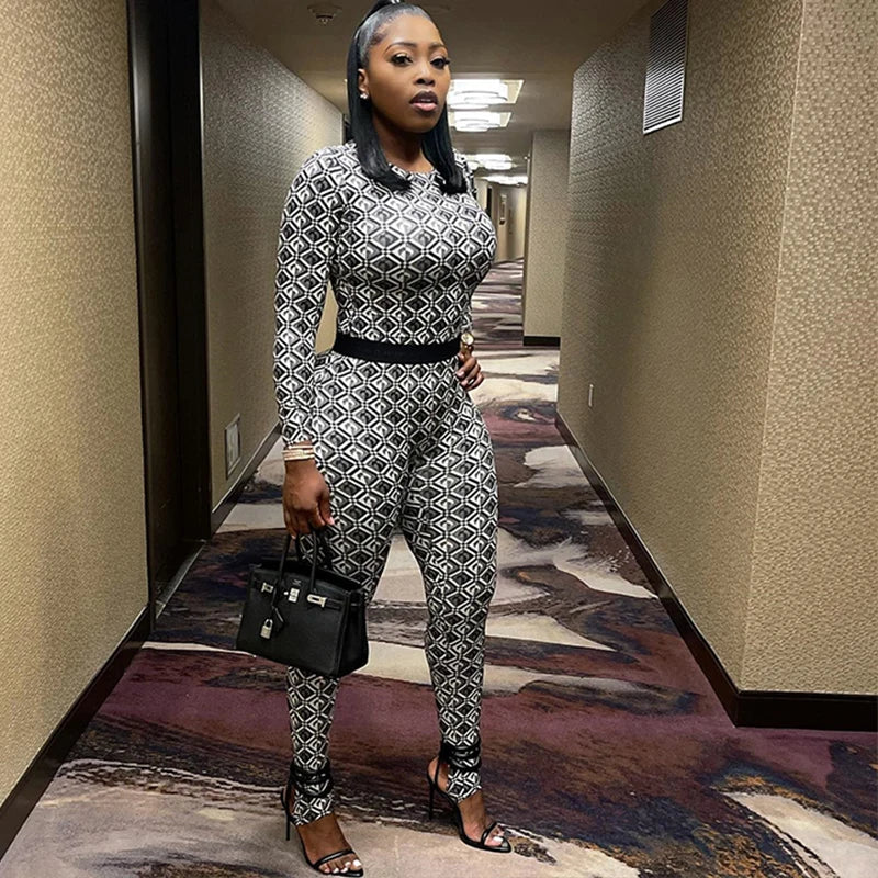 FZ Women's Digital Print Buttock Lifting Tight Long Sleeve Jumpsuit - FZwear