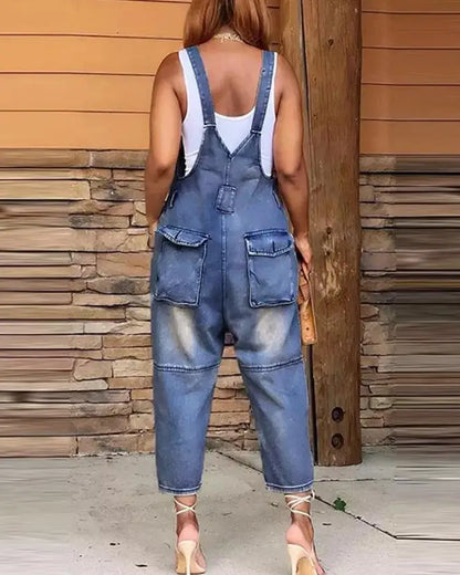 FZ Women's Elegant Sleeveless Pocket Design Buttoned Suspender Denim Jumpsuit - FZwear