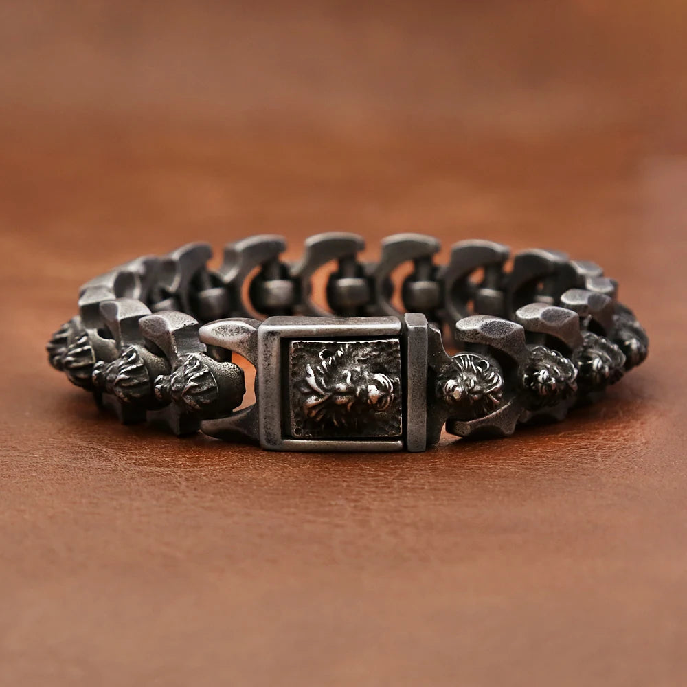 FZ Vintage Stainless Steel Black Punk Hip Hop Lion Head Bracelet