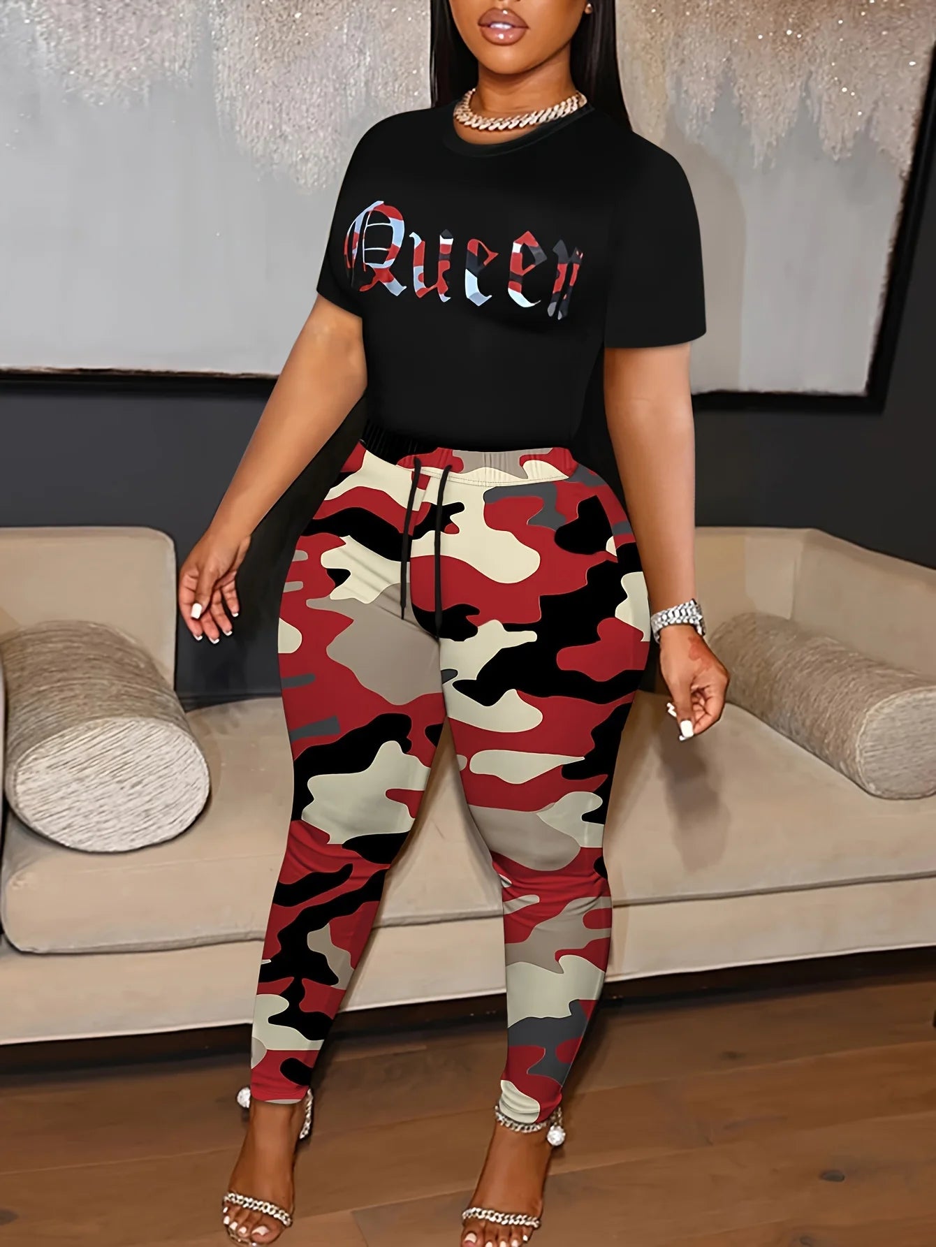 FZ Women's Pattern Camo Letter Printing Skinny Two-Piece Pants Suit - FZwear