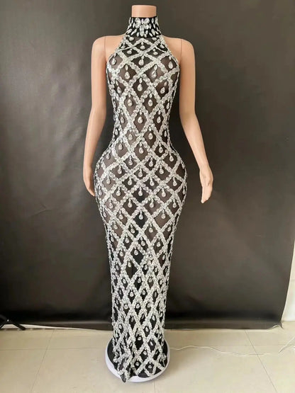 Shiny Rhinestone Turtleneck Sleeveless Sexy Mesh Perspective Plaid Evening Reception Dress Skirt Hollow FZwear