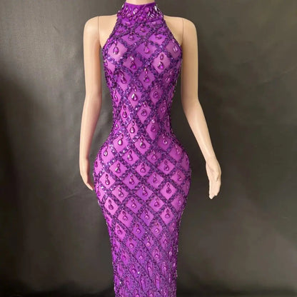 Shiny Rhinestone Turtleneck Sleeveless Sexy Mesh Perspective Plaid Evening Reception Dress Skirt Hollow FZwear