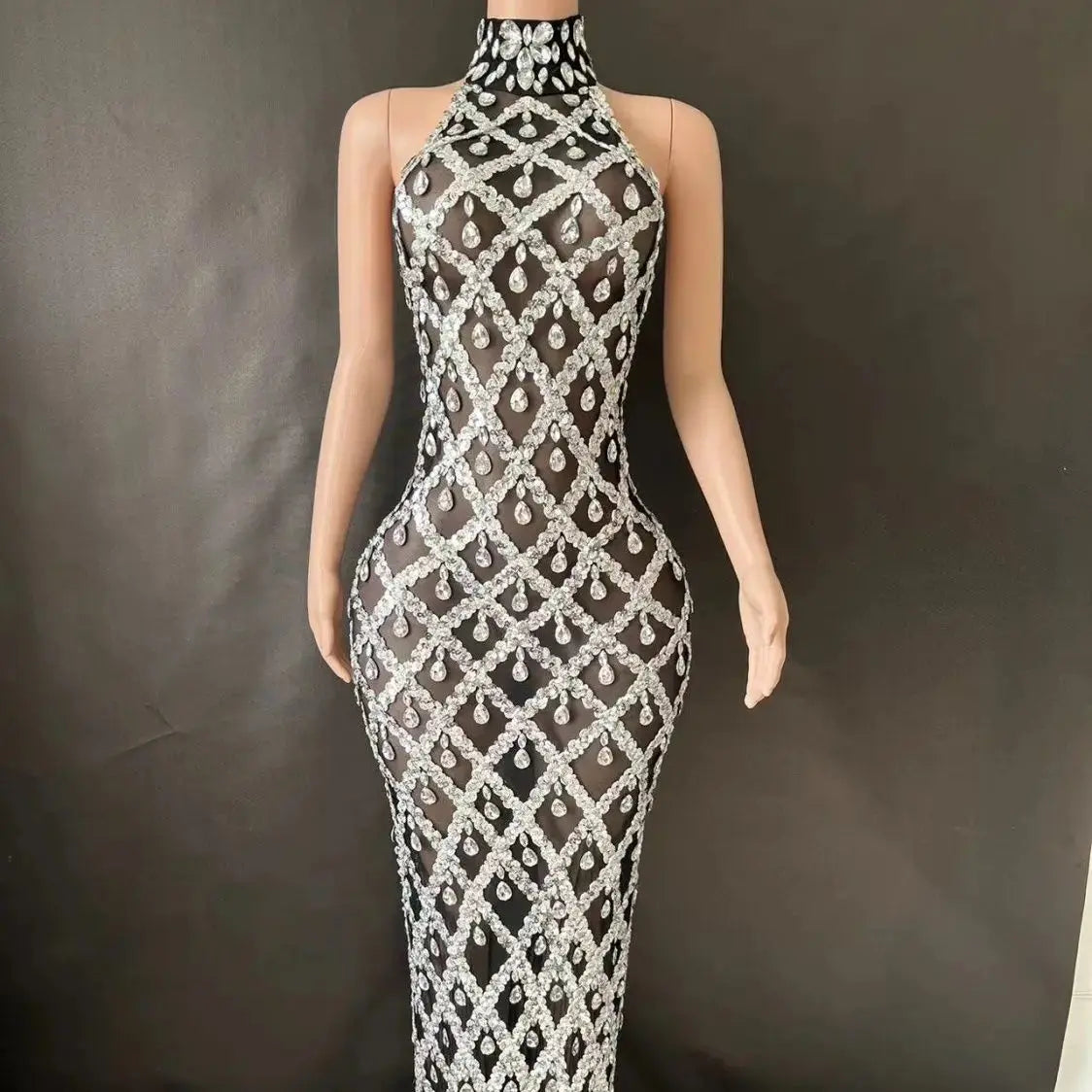 Shiny Rhinestone Turtleneck Sleeveless Sexy Mesh Perspective Plaid Evening Reception Dress Skirt Hollow FZwear