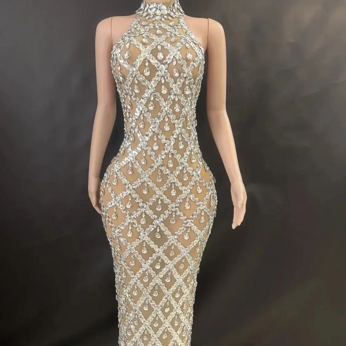 Shiny Rhinestone Turtleneck Sleeveless Sexy Mesh Perspective Plaid Evening Reception Dress Skirt Hollow FZwear