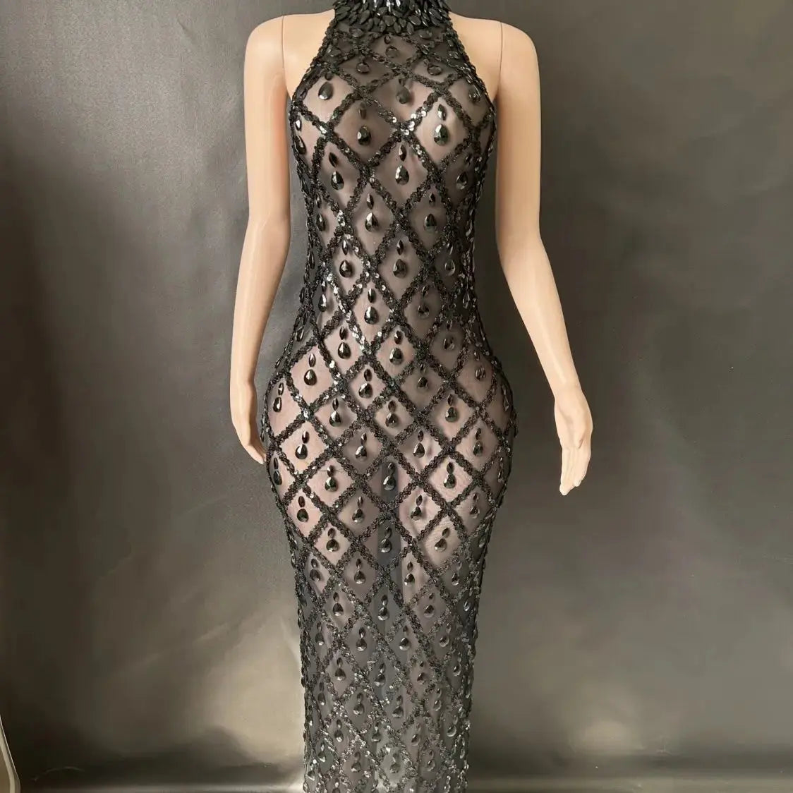 Shiny Rhinestone Turtleneck Sleeveless Sexy Mesh Perspective Plaid Evening Reception Dress Skirt Hollow FZwear