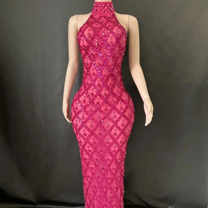 Shiny Rhinestone Turtleneck Sleeveless Sexy Mesh Perspective Plaid Evening Reception Dress Skirt Hollow FZwear