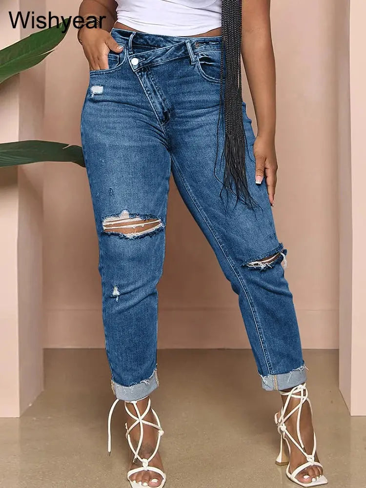 Slanting Button Skinny Jeans Washing Ripped Denim Hole Pencil Pants Slim Pockets High Street Blue Strech Trousers Women Bottoms FZwear