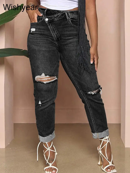 Slanting Button Skinny Jeans Washing Ripped Denim Hole Pencil Pants Slim Pockets High Street Blue Strech Trousers Women Bottoms FZwear