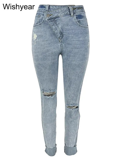 Slanting Button Skinny Jeans Washing Ripped Denim Hole Pencil Pants Slim Pockets High Street Blue Strech Trousers Women Bottoms FZwear