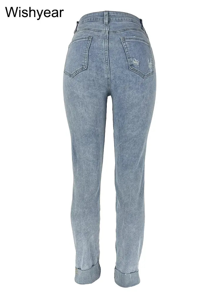 Slanting Button Skinny Jeans Washing Ripped Denim Hole Pencil Pants Slim Pockets High Street Blue Strech Trousers Women Bottoms FZwear