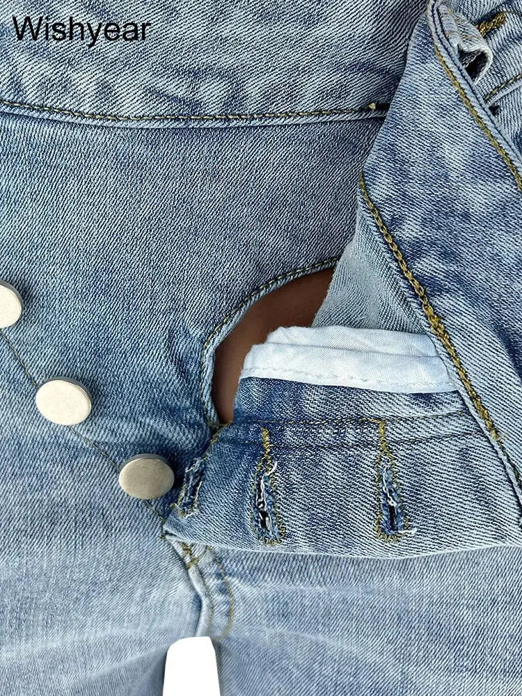 Slanting Button Skinny Jeans Washing Ripped Denim Hole Pencil Pants Slim Pockets High Street Blue Strech Trousers Women Bottoms FZwear