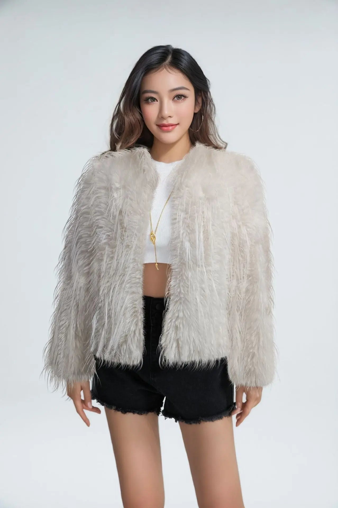 Solid Color Round Neck Tassel Wool Faux Fur Short Coat Women Urban Women Clothing Coat BEGINNING