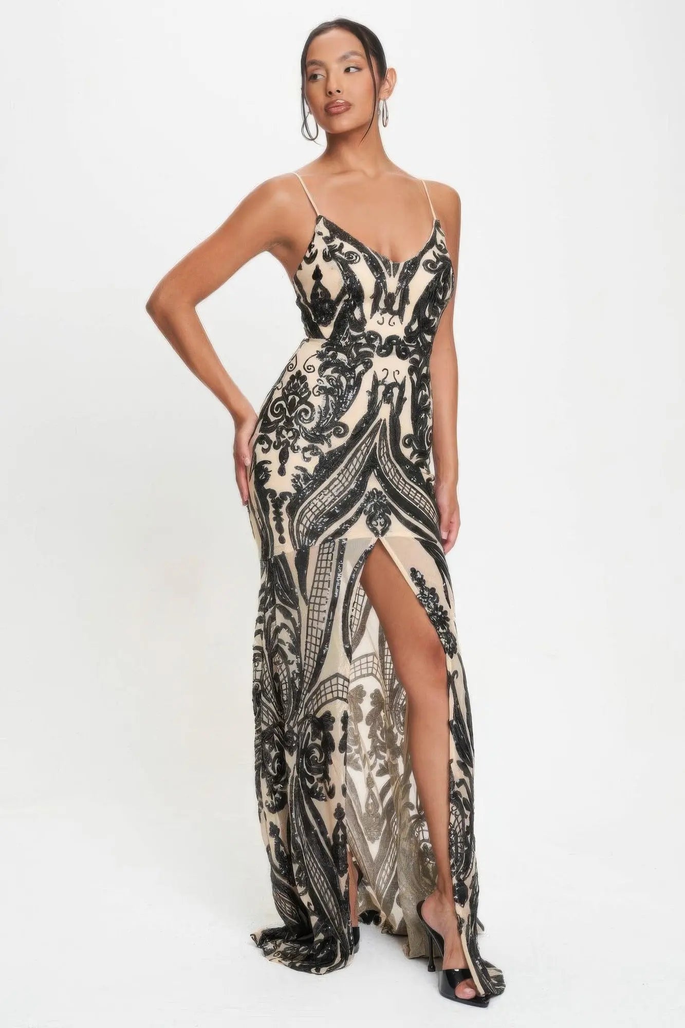 Spaghetti Strap Art Deco Sequins Maxi Dress CCWHOLESALECLOTHING