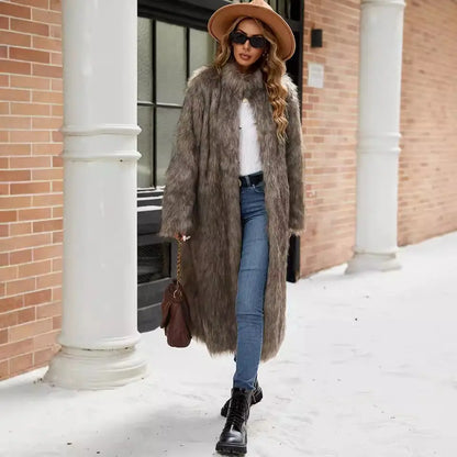 Stand Collar Women Faux Fur Coat Top Faux Fur Long Cut Coat Trench Coat Richy