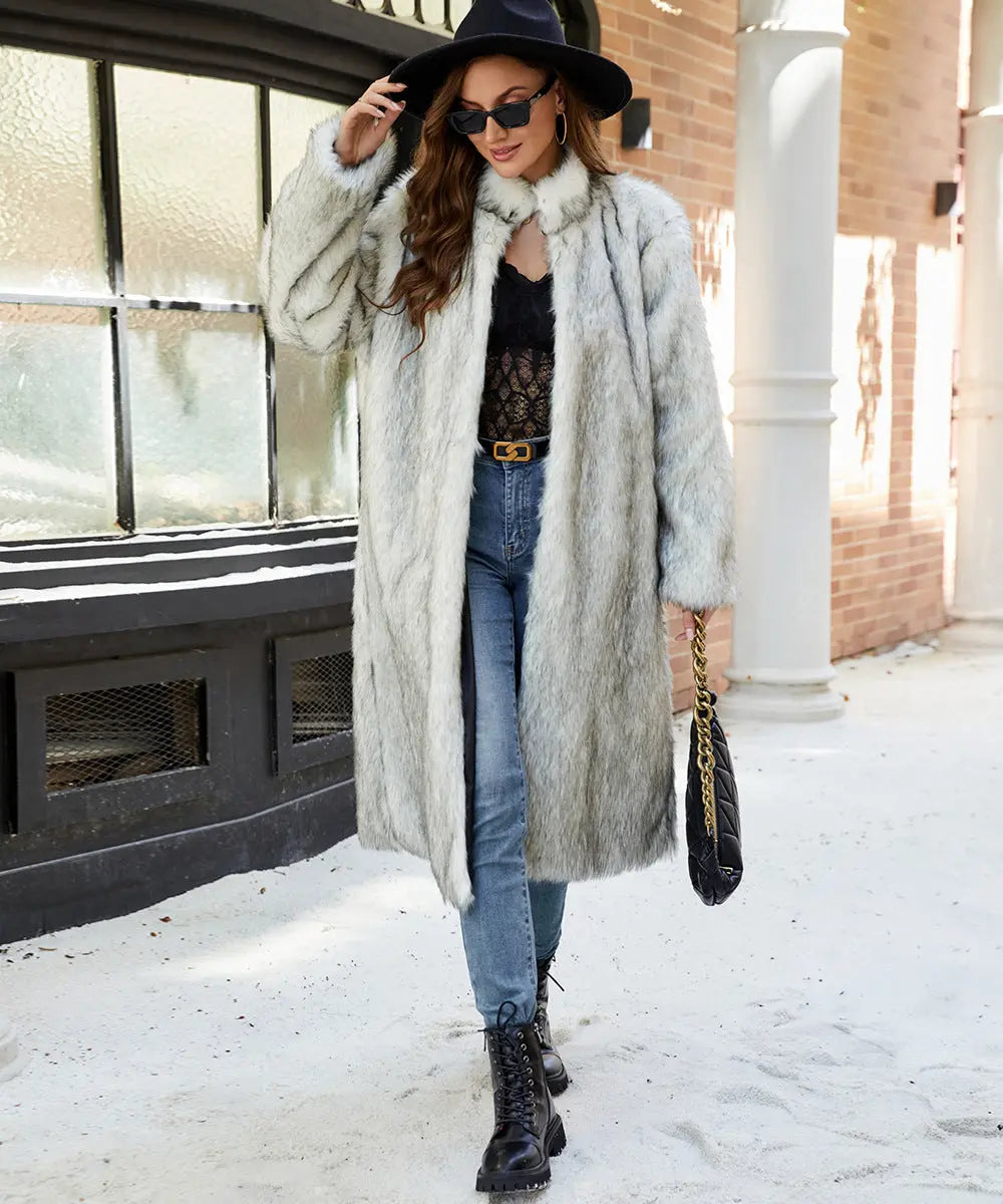 Stand Collar Women Faux Fur Coat Top Faux Fur Long Cut Coat Trench Coat Richy