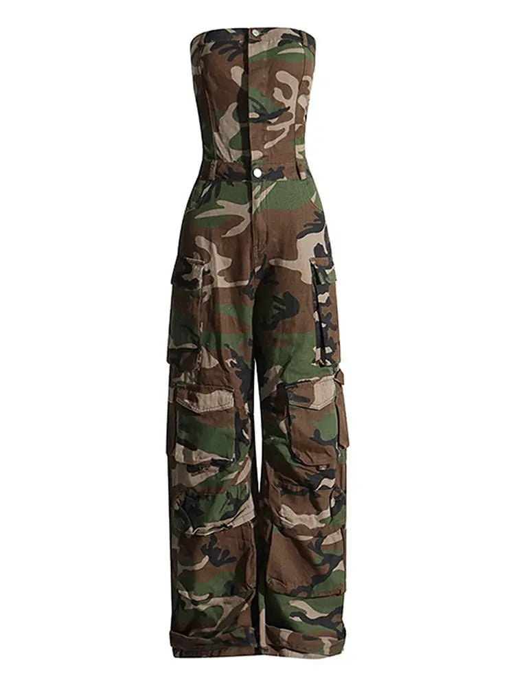 Street Army Green Camouflage Print Cargo Pants Tube Top FZwear