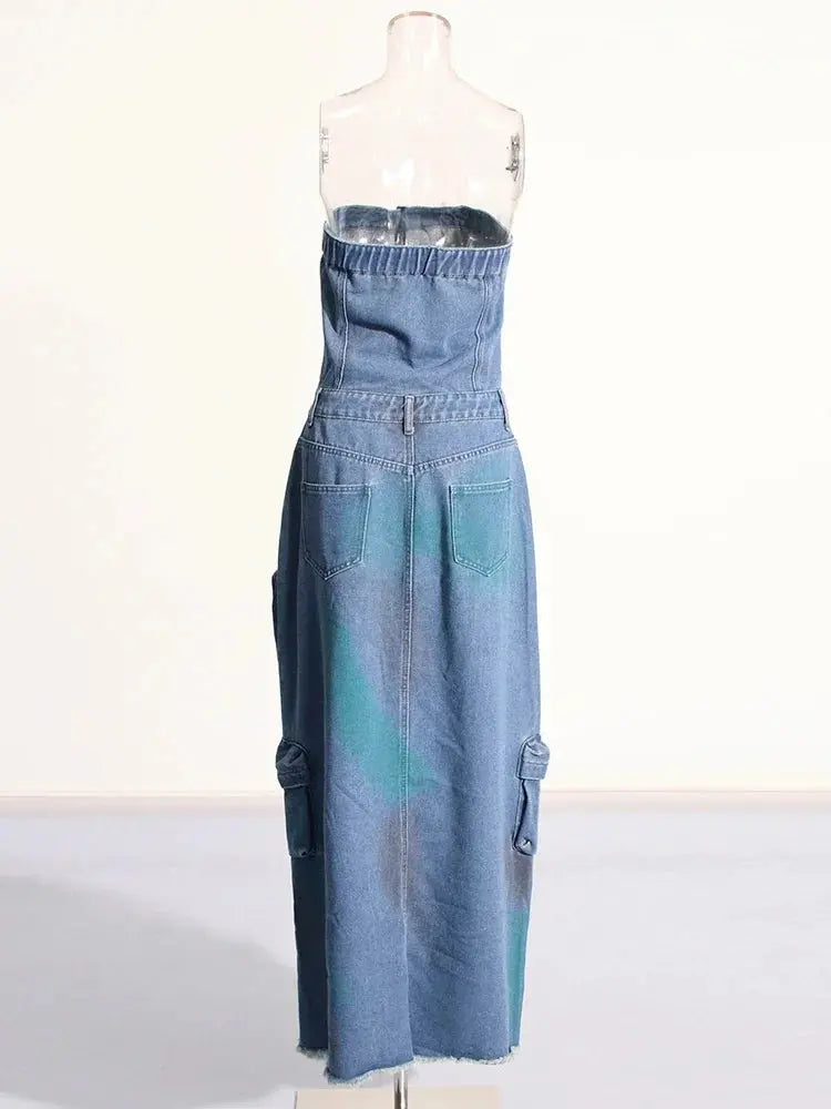 Streetwear Colorblock Denim Dresses For Women Strapless Sleeveless High Waist Camouflage Slim Split Long Dress Female FZwear