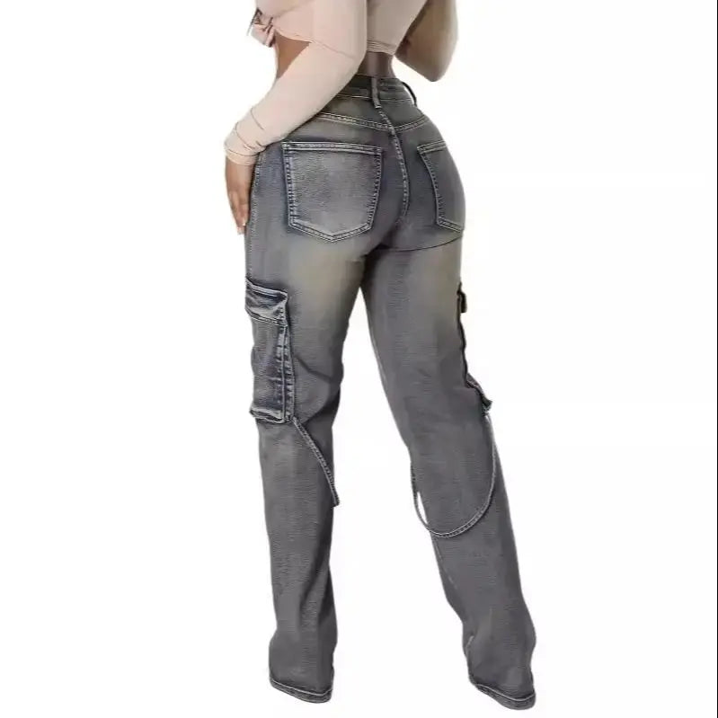 Stretchy Autumn New Ladies Cargo Jeans American Street Style Baggy Cargo Pants Women Blue Multi-pocket Wide Leg Jeans for Women FZwear