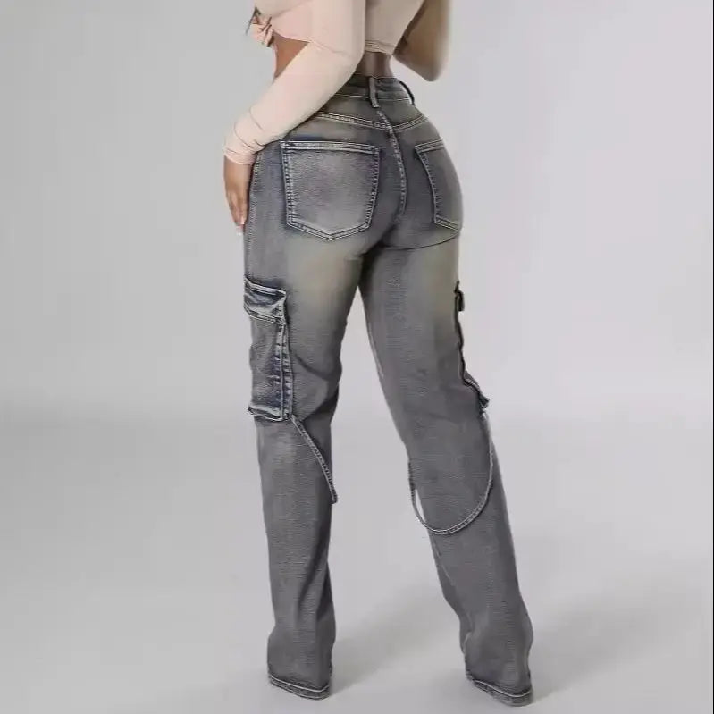 Stretchy Autumn New Ladies Cargo Jeans American Street Style Baggy Cargo Pants Women Blue Multi-pocket Wide Leg Jeans for Women FZwear