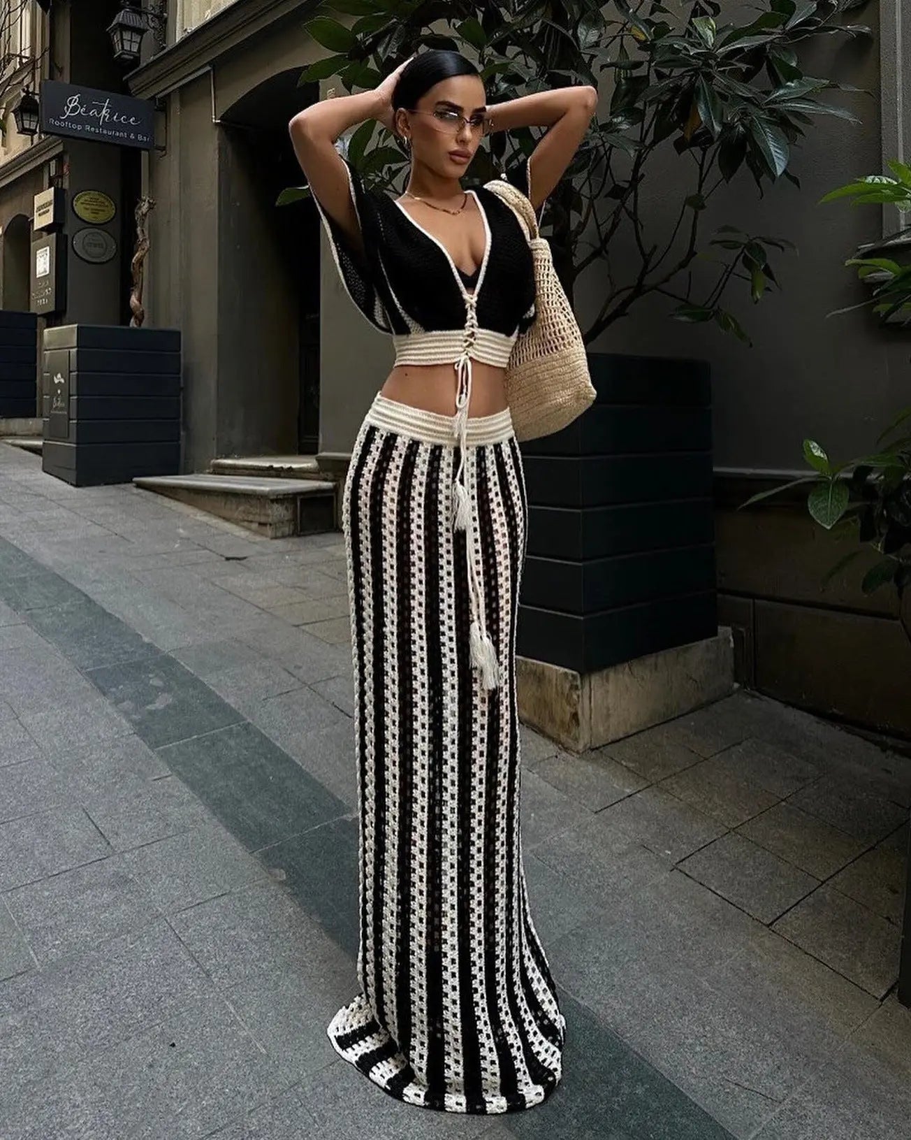 Summer Women Clothing Sexy V Neck Hollow Out Cutout Striped Knitted Women Skirt Set MSTYLE