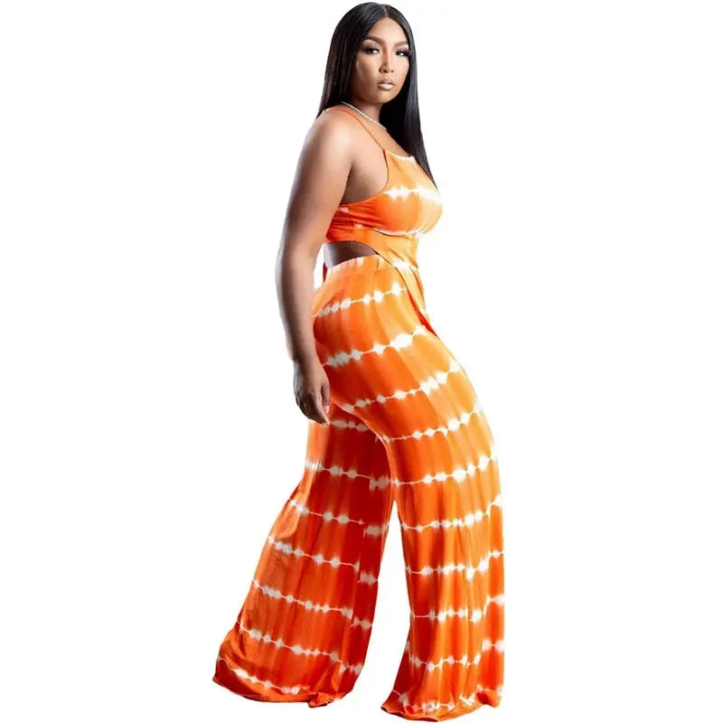 Summer Women Two Piece Set Elegant Print Holiday Beach Outfits Top + Loose Wide Leg Pants Suits Matching Sets Sexy Club Outfits FZwear