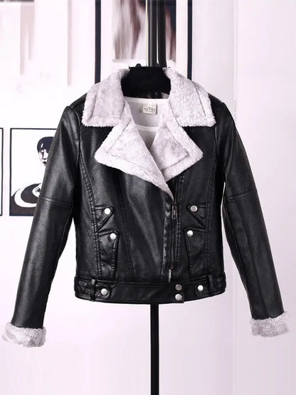 Sungtin New Design Womens Leather Jacket Faux Fur Moto Coat Fashion Streetwear Autumn Winter Basic Jacket Female Outerwear FZwear