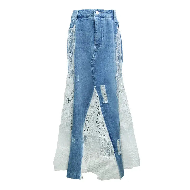 TIYIHAILEY Long Maxi Denim And Lace Fish Tail Skirt For Women S-2XL Mermaid Style High Waist Summer 2024 Fashion FZwear