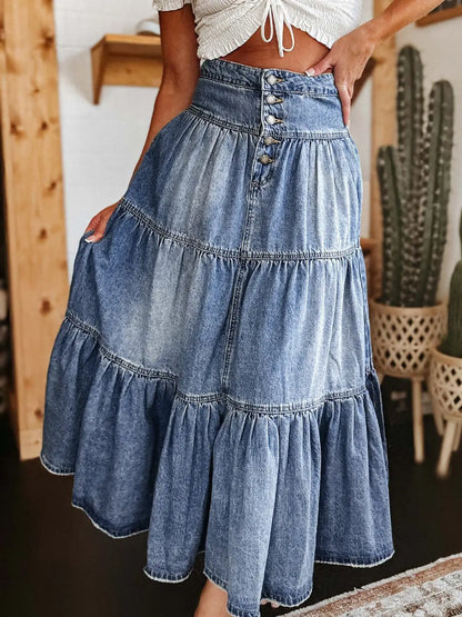 Tiered Button-Fly Denim Skirt Trendsi