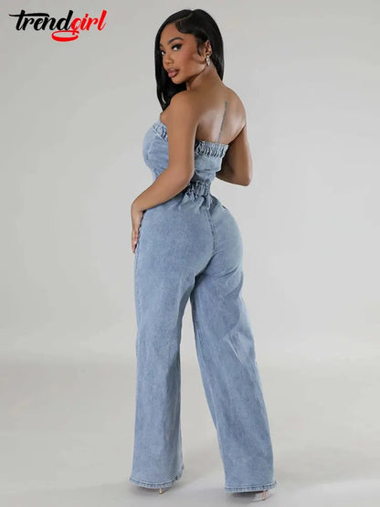 Trendgirl Off Shoulder Tube Top Backless Denim Jumpsuits Women Blue Single Breasted Wide Leg One Pieces Romper Jean Overalls FZwear