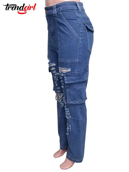 Trendgirl Sexy Ripped Hole Pocket Baggy Jeans Cargo Women Clothing Wide Leg Pants Vintage Female Birthday Denim Stretch Trousers FZwear