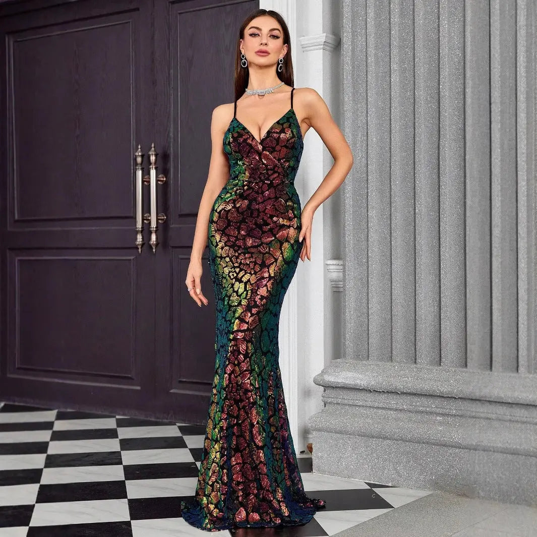 V neck Brace Evening Dress Fishtail Elegant Dress Annual Party Party Host Formal Dress Women JoyEase