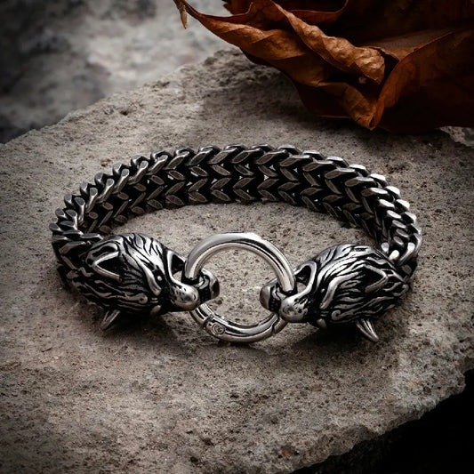 Vikings Celtic Wolf Bracelets Men Stainless Steel Mesh Chain Bangle Punk Norse Wolf Head Amulet Scandinavian Jewelry Male Gifts FZwear