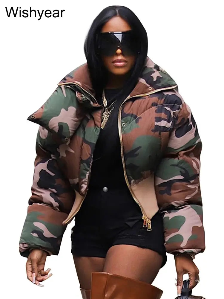 Vintage Women Camouflage Zipper Puffer Jacket Long Sleeve Stand Collar Winter Camo Bubble Cotton Coats Boyfriend Crop Parkas New FZwear