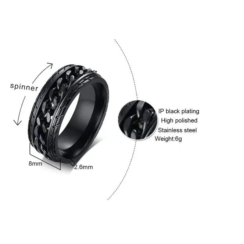 Vnox 8mm Cool Black Spinner Chain Ring for Men Tire Texture Stainless Steel Rotatable Links Punk Male Anel FZwear