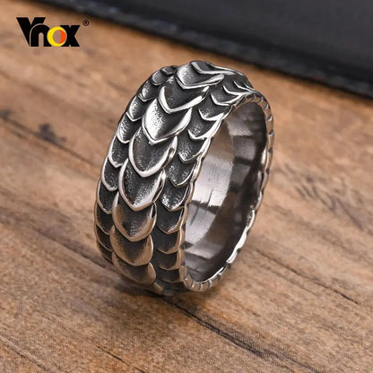 Vnox Rock Punk Viking Dragon Carved Surface Rings for Men Jewelry,Vintage Silver Color Stainless Steel Male Finger Bands FZwear