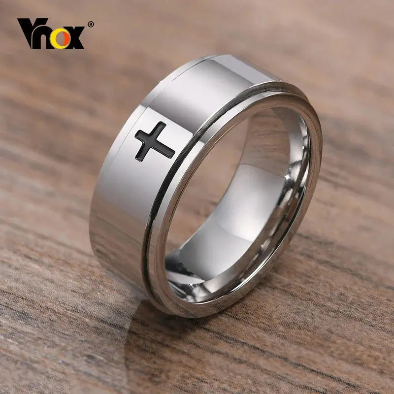 Vnox Spinner Cross Ring for Men, Black Stainless Steel Rotatable Stress Release Finger Band, Boy Christ Jesus Religion Ring FZwear