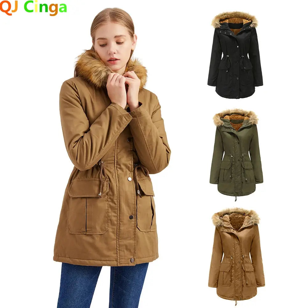 Warm Winter Jacket Women Women's Fur Collar Coats Jackets for Lady Long Slim Fleece Parka Hoodies Parkas FZwear