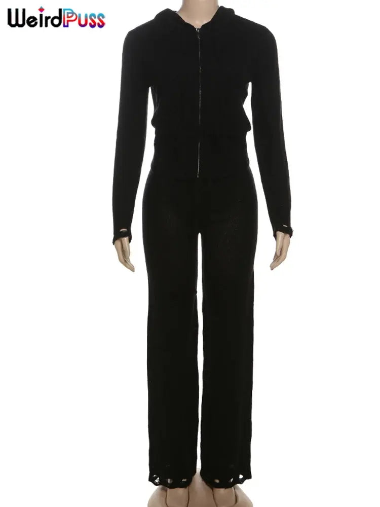 Weird Puss Casual Sporty 2 Piece Set Women Tracksuit Knit Hooded Zip Jacket+Straight Pants Sporty Stretch Matching Streetwear FZwear