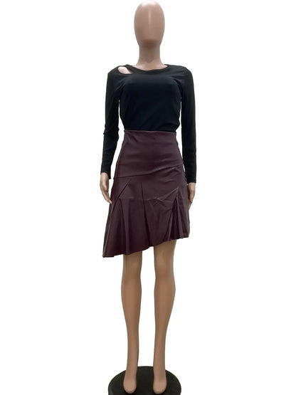 Y6013 Women's Autumn/Winter New High Waist Irregular PU Spliced Half Leather Skirt FZwear