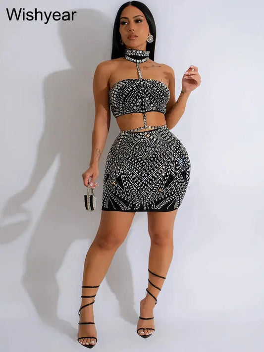 Wishyear Luxury Hot Rhinestone Birthday Party Two 2 Piece Sets Women Sexy Halter Backless Crop Top and Mini Skirts Suit Clubwear FZwear