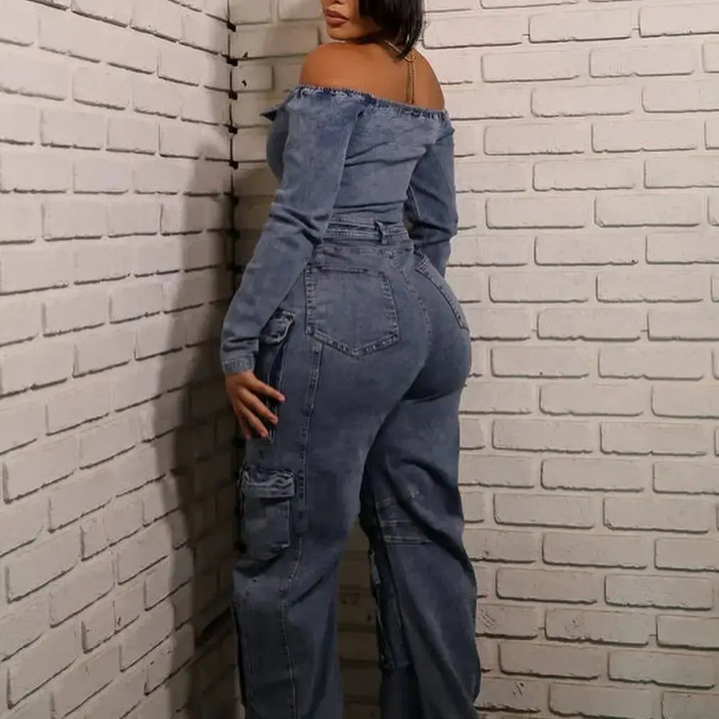 Women Cargo Multi-pocket Denim Jumpsuits Sexy Off Shoulder Long Sleeve Washed Jean Rompers Autumn Streetwear One Piece Overalls FZwear