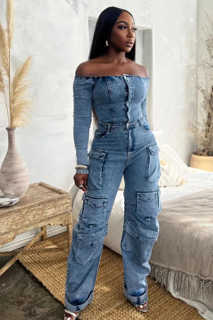 Women Cargo Multi-pocket Denim Jumpsuits Sexy Off Shoulder Long Sleeve Washed Jean Rompers Autumn Streetwear One Piece Overalls FZwear